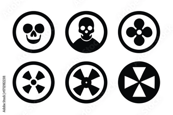 Obraz Radiation sign, biohazard sign and toxic sign set vector . Set of hazard danger yellow and black vector signs symbol. Danger, warning icon set. Silhouette and outline style. Vector illustration.