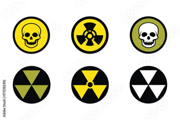 Obraz Radiation sign, biohazard sign and toxic sign set vector . Set of hazard danger yellow and black vector signs symbol. Danger, warning icon set. Silhouette and outline style. Vector illustration.