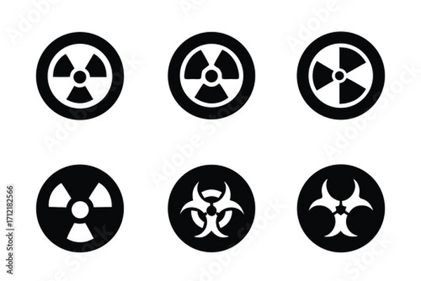 Obraz Radiation sign, biohazard sign and toxic sign set vector . Set of hazard danger yellow and black vector signs symbol. Danger, warning icon set. Silhouette and outline style. Vector illustration.