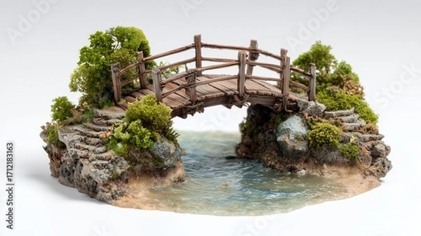 Obraz An ancient stone bridge spans a tranquil river surrounded by a lush forest and summer sky