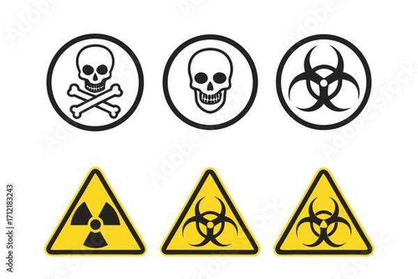 Obraz Radiation sign, biohazard sign and toxic sign set vector . Set of hazard danger yellow and black vector signs symbol. Danger, warning icon set. Silhouette and outline style. Vector illustration.