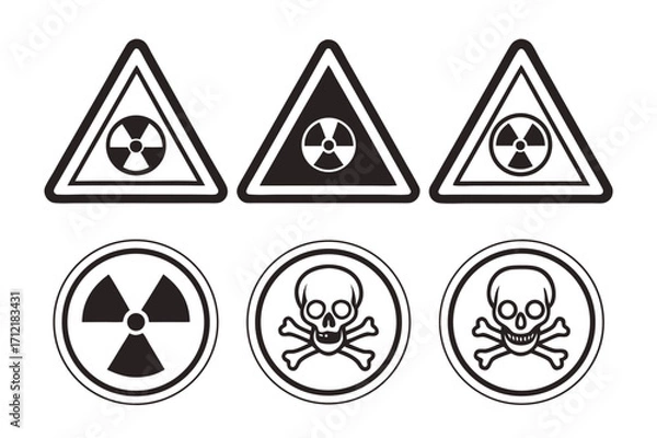 Obraz Radiation sign, biohazard sign and toxic sign set vector . Set of hazard danger yellow and black vector signs symbol. Danger, warning icon set. Silhouette and outline style. Vector illustration.