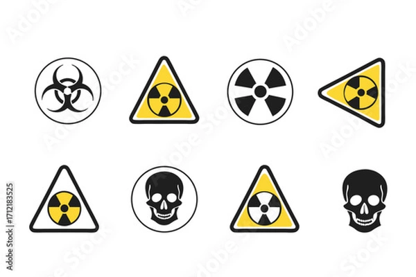 Obraz Radiation sign, biohazard sign and toxic sign set vector . Set of hazard danger yellow and black vector signs symbol. Danger, warning icon set. Silhouette and outline style. Vector illustration.