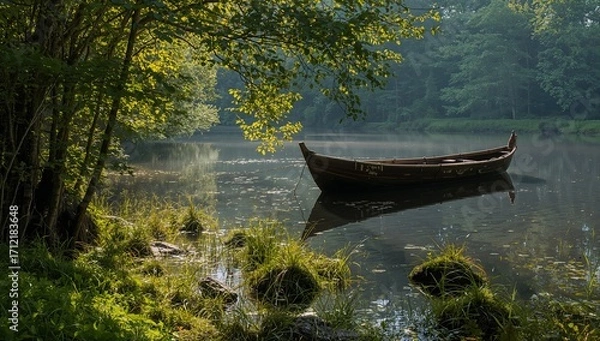 Obraz Holzboot treibt still am Waldsee im weichen Morgenlicht unter grünen Zweigen