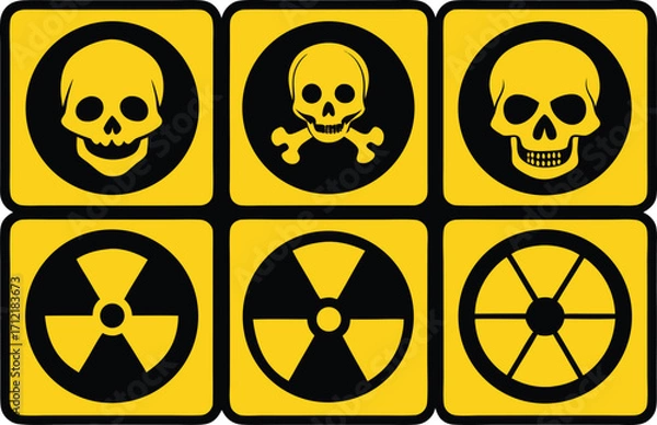Obraz Radiation sign, biohazard sign and toxic sign set vector . Set of hazard danger yellow and black vector signs symbol. Danger, warning icon set. Silhouette and outline style. Vector illustration.