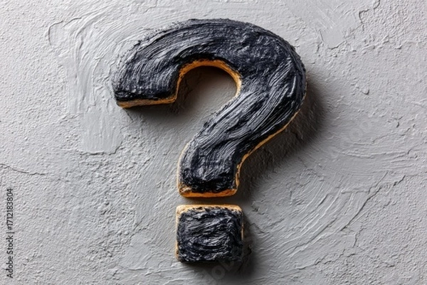Fototapeta Black question mark symbol against textured gray background enhances curiosity and mystery in design