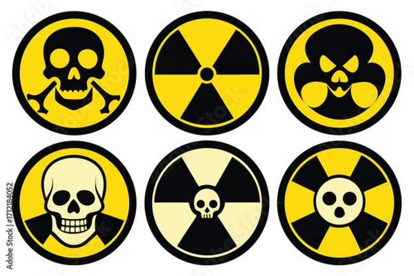 Obraz Radiation sign, biohazard sign and toxic sign set vector . Set of hazard danger yellow and black vector signs symbol. Danger, warning icon set. Silhouette and outline style. Vector illustration.