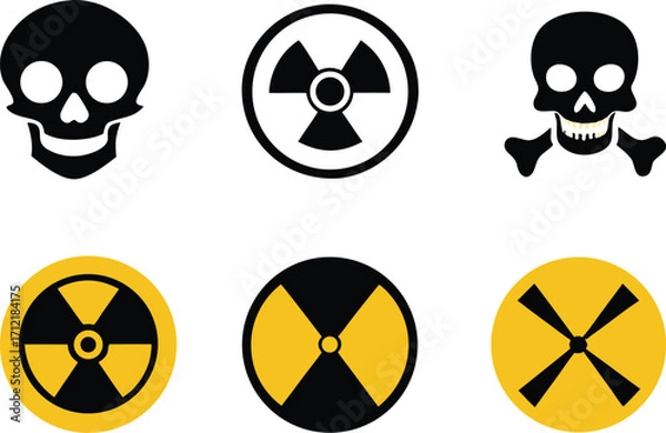 Obraz Radiation sign, biohazard sign and toxic sign set vector . Set of hazard danger yellow and black vector signs symbol. Danger, warning icon set. Silhouette and outline style. Vector illustration.