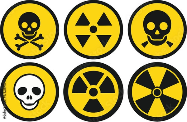Obraz Radiation sign, biohazard sign and toxic sign set vector . Set of hazard danger yellow and black vector signs symbol. Danger, warning icon set. Silhouette and outline style. Vector illustration.