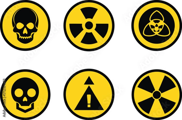 Obraz Radiation sign, biohazard sign and toxic sign set vector . Set of hazard danger yellow and black vector signs symbol. Danger, warning icon set. Silhouette and outline style. Vector illustration.