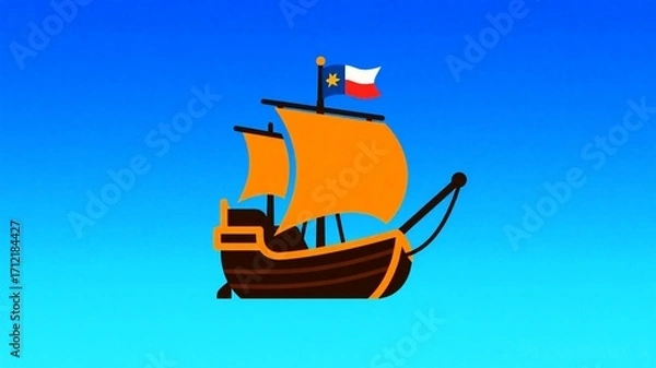 Fototapeta Columbus Day Majestic vintage sailing ship with vibrant orange sails glides across a clear, gradient blue sky, ready for adventure and exploration