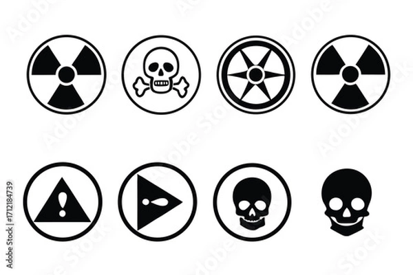 Obraz Radiation sign, biohazard sign and toxic sign set vector . Set of hazard danger yellow and black vector signs symbol. Danger, warning icon set. Silhouette and outline style. Vector illustration.