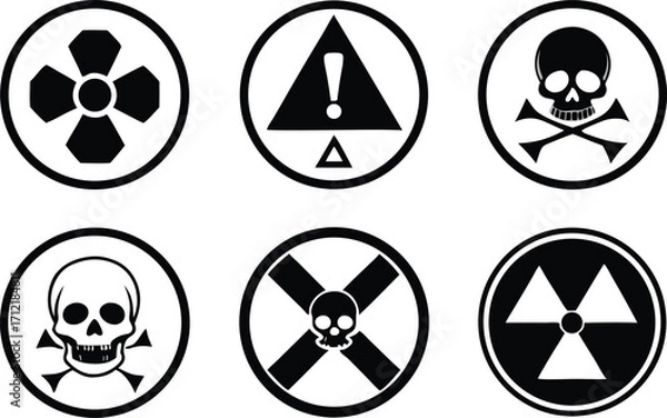 Obraz Radiation sign, biohazard sign and toxic sign set vector . Set of hazard danger yellow and black vector signs symbol. Danger, warning icon set. Silhouette and outline style. Vector illustration.