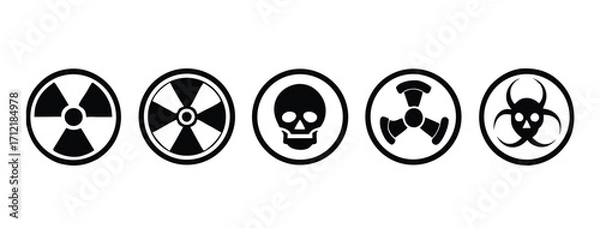 Obraz Radiation sign, biohazard sign and toxic sign set vector . Set of hazard danger yellow and black vector signs symbol. Danger, warning icon set. Silhouette and outline style. Vector illustration.