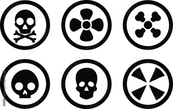 Obraz Radiation sign, biohazard sign and toxic sign set vector . Set of hazard danger yellow and black vector signs symbol. Danger, warning icon set. Silhouette and outline style. Vector illustration.
