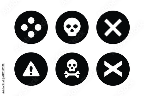 Obraz Radiation sign, biohazard sign and toxic sign set vector . Set of hazard danger yellow and black vector signs symbol. Danger, warning icon set. Silhouette and outline style. Vector illustration.