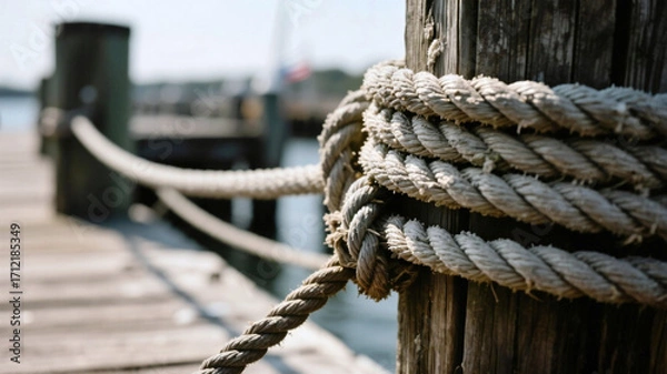 Fototapeta Columbus Day Thick nautical rope securely tied to weathered wooden post on a sunny day, hinting at maritime adventure and coastal journeys.