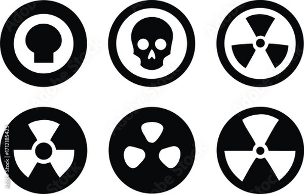 Obraz Radiation sign, biohazard sign and toxic sign set vector . Set of hazard danger yellow and black vector signs symbol. Danger, warning icon set. Silhouette and outline style. Vector illustration.