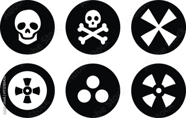 Obraz Radiation sign, biohazard sign and toxic sign set vector . Set of hazard danger yellow and black vector signs symbol. Danger, warning icon set. Silhouette and outline style. Vector illustration.