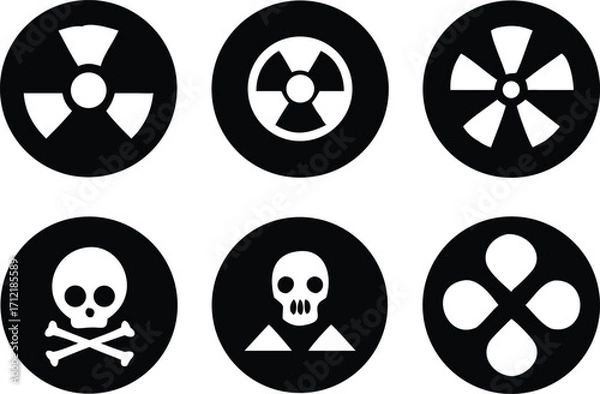 Obraz Radiation sign, biohazard sign and toxic sign set vector . Set of hazard danger yellow and black vector signs symbol. Danger, warning icon set. Silhouette and outline style. Vector illustration.