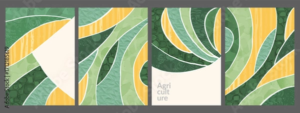 Fototapeta Green field rice and wheat farm with vineyard and corn. eco design vector creates tuscany landscape. Agriculture texture with illustration shows abstract nature art and rural background