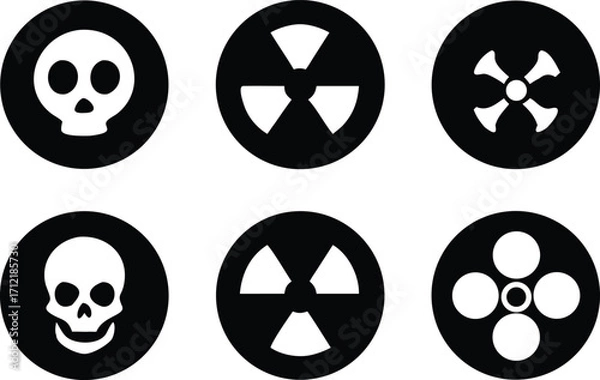 Obraz Radiation sign, biohazard sign and toxic sign set vector . Set of hazard danger yellow and black vector signs symbol. Danger, warning icon set. Silhouette and outline style. Vector illustration.