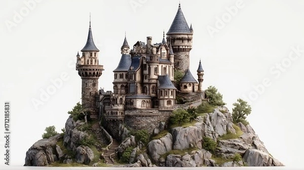 Obraz This image captures a historical European castle with gothic architecture, featuring ancient towers and a stone fortress wall silhouetted against the night sky