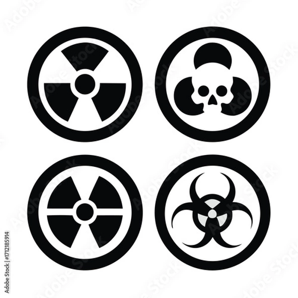 Obraz Radiation sign, biohazard sign and toxic sign set vector . Set of hazard danger yellow and black vector signs symbol. Danger, warning icon set. Silhouette and outline style. Vector illustration.