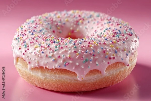 Fototapeta Colorful donut with pink icing and sprinkles displayed against a pastel background