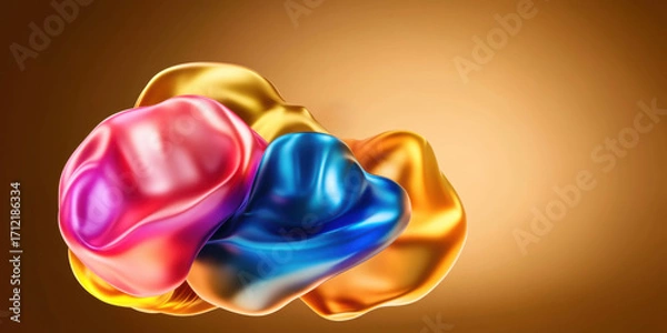 Fototapeta Abstract colorful bright fluid metallic creative shiny modern design shape on orange gradient background. Dynamic artistic visual for contemporary concept art decor or graphic projects.