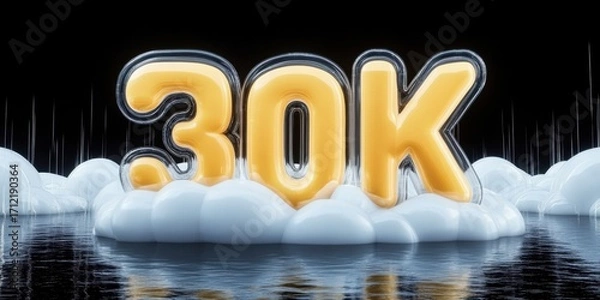 Fototapeta 30K milestone number glowing above clouds with reflection in water. Futuristic achievement concept with abstract modern design elements.
