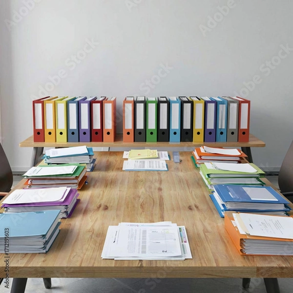 Fototapeta a table with colored folders and documents