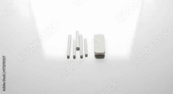 Obraz White cylindrical components and a rectangular block arranged on a bright surface.
