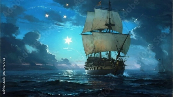 Fototapeta Columbus Day Majestic tall ship sailing under a star-filled night sky with a glowing celestial body illuminating the ocean waves and distant coastline, evoking wonder and adventure.