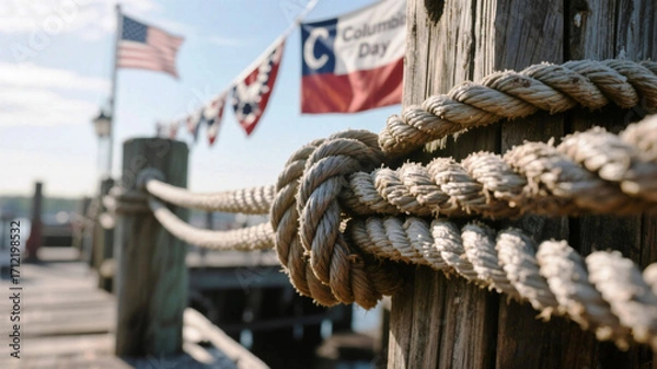 Fototapeta Columbus Day Rustic dockside mooring rope secures a festive waterfront scene with American flags and Columbus Day bunting fluttering in the breeze under a clear sky.