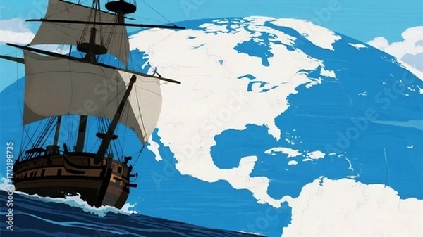 Fototapeta Columbus Day Majestic tall ship sails across vast ocean against a stylized globe depicting North and Central America, symbolizing exploration and global reach.