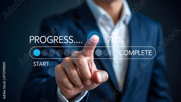 Fototapeta Hand Touching Virtual Progress Bar at 70% Completion – Digital Interface Concept