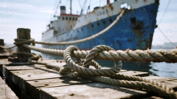 Fototapeta Columbus Day Thick nautical rope secures a weathered blue cargo ship to a rustic wooden dock, evoking maritime adventure and industrial port scenes with a classic, timeless feel.