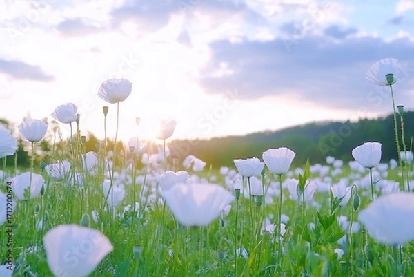 Fototapeta White Poppies in a Field with Sunset Light and Green Foliage