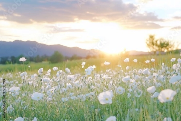 Fototapeta White Poppy Field at Sunset with Distant Mountains and Golden Light