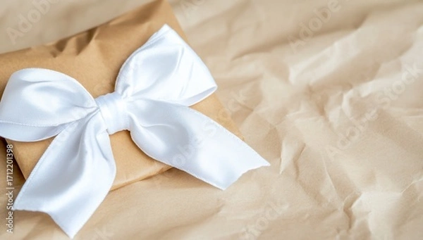 Fototapeta Gift wrapped in brown paper with a pristine white satin bow on textured background