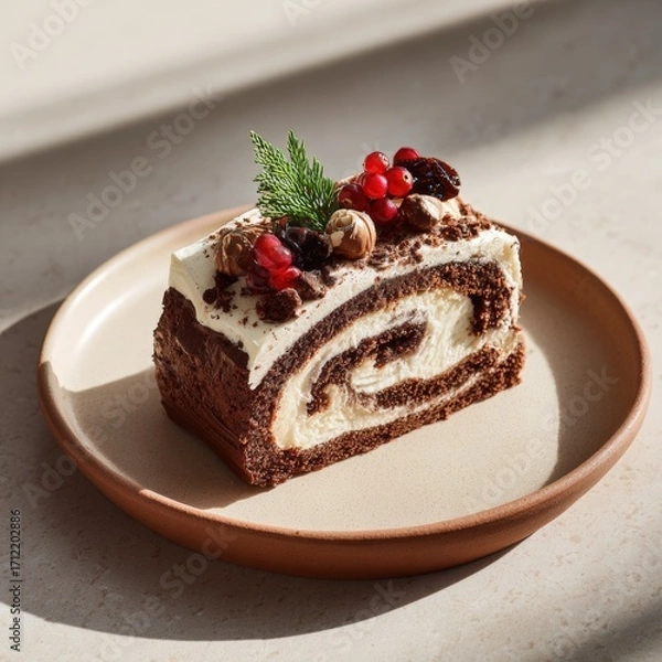 Fototapeta Chocolate roll cake with creamy filling, topped with fresh berries and nuts, elegantly presented on a rustic plate, showcasing delicious dessert artistry and culinary craftsmanship
