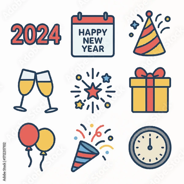 Fototapeta Festive New Year Celebration Icons with Party Hats Gifting and Clocks