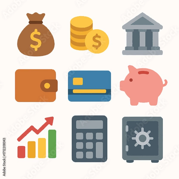 Fototapeta Financial and Banking Icons Collection Illustrating Money and Investment Concepts
