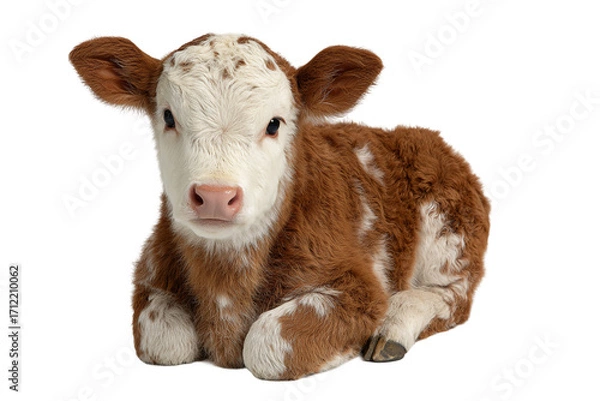 Fototapeta Adorable brown and white calf lying down isolated on transparent background, showcasing its fluffy fur and innocent face