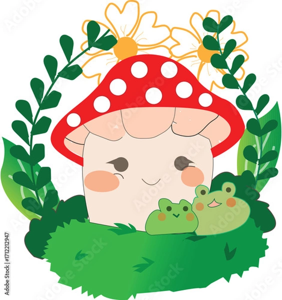 Obraz Draw mashroom with two frog cartoon