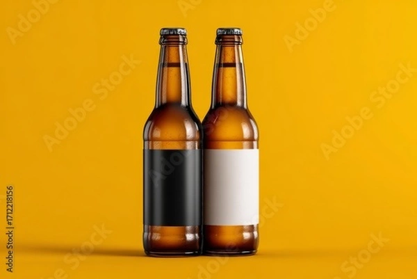 Fototapeta Two Beer Bottles Mockup Yellow Background - Black and White Blank Label