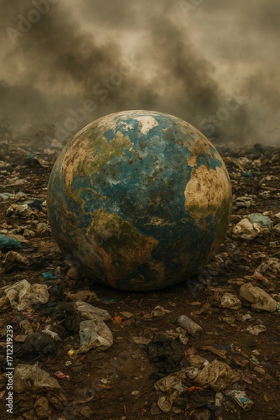 Fototapeta Earth globe in landfill with smoke and waste pollution
