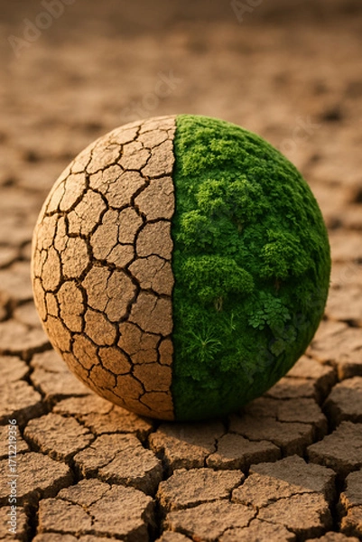 Fototapeta Half cracked half green globe representing drought and sustainability
