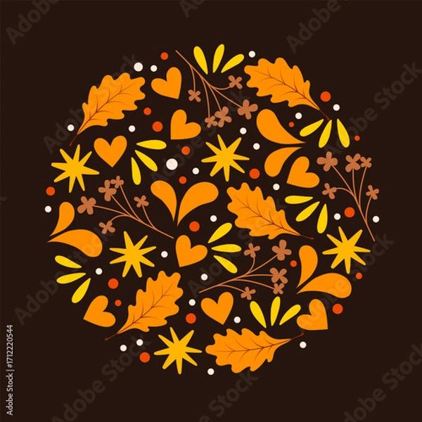 Fototapeta Flat vector illustration of various autumn-themed elements isolated on a dark brown background in circle shape. The design includes oak leaves, stars, hearts, plant branches, etc.